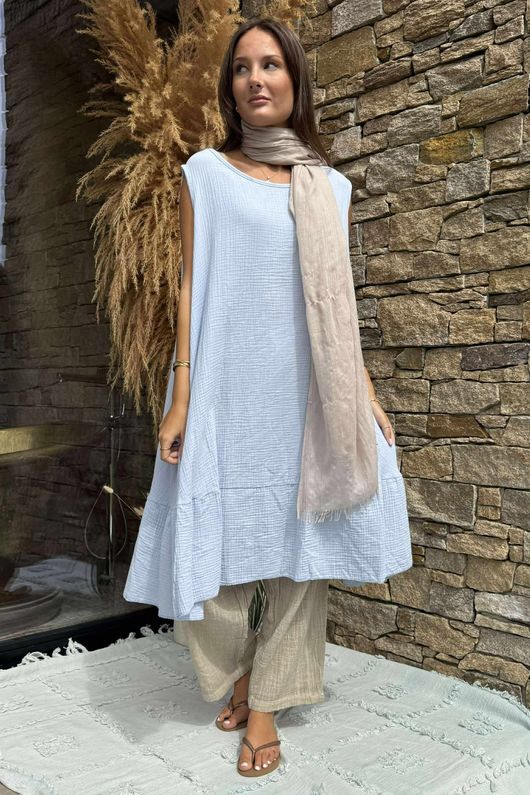 Made in Italy Pia Pillow Cotton Patch Pocket Peplum Dress Sky /26